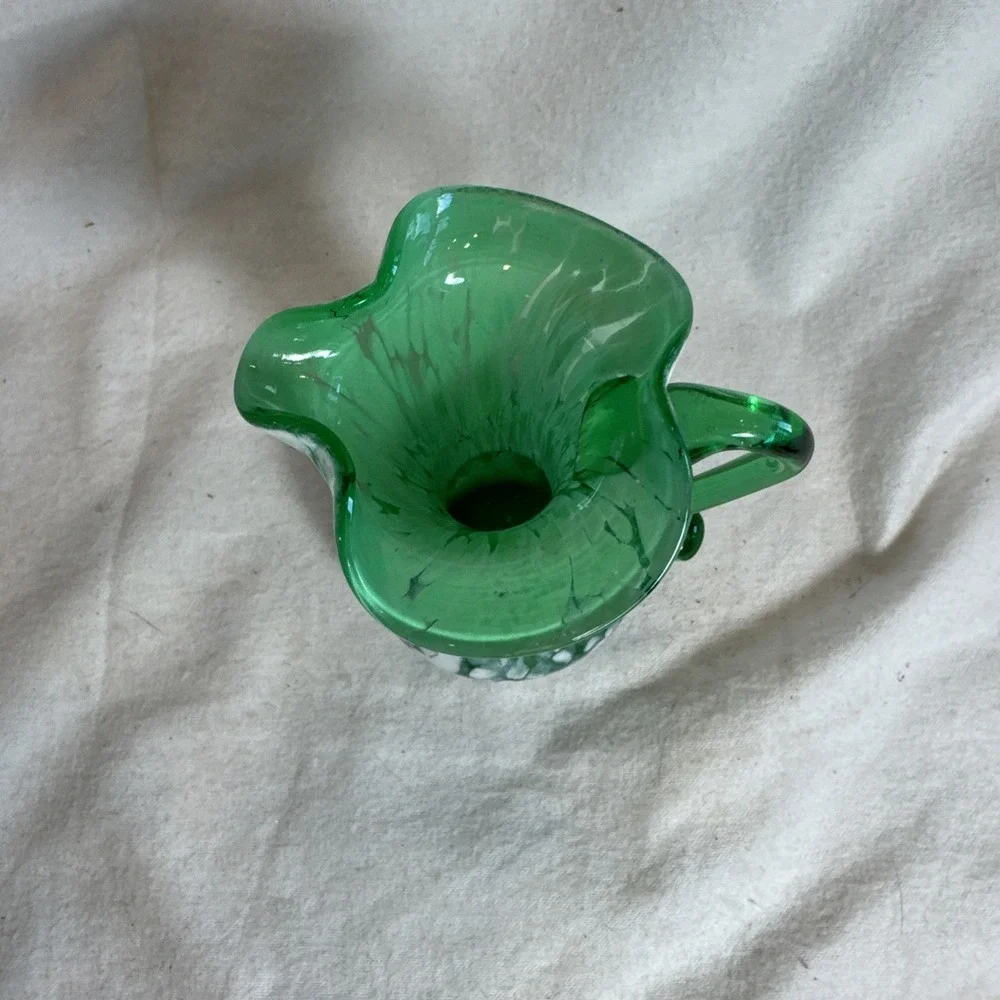 Hand Blown Green Glass White Stretched Splatter 4.5